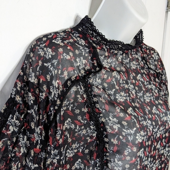 Zara Floral Print Peasant Blouse Balloon Sleeves black Large @A7 - Picture 6 of 9
